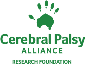 A dark green handprint with the words Cerebral Palsy Alliance Research Foundation below it.