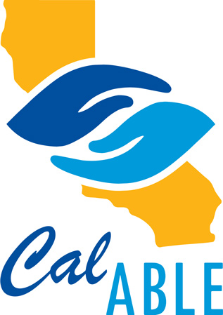 Blue box with yellow connecting hands in the shape of California state