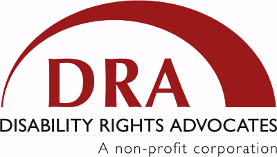 A red arch that begins thin on the left and broadens as it arcs above the text "DRA, Disability Rights Advocates, A non-profit corporation"