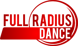 The words Full Radius are written in red. Below it, the word Dance is in white. The logo also includes a circle which can be interpreted as a wheel.