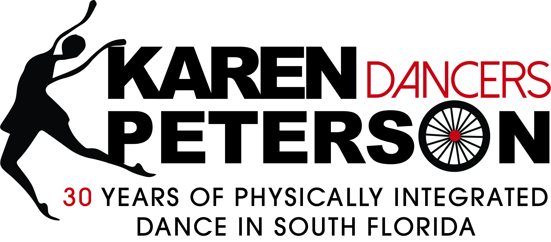 Karen Peterson and Dancers 30 years of physically integrated dance in South Florida (dancer image jumps in the air and an image of a wheel from a wheelchair fills the letter O in the word Peterson