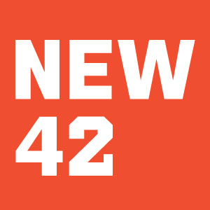 Orange square background with white block letters that read New 42.