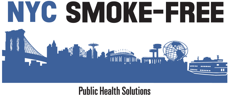 Colors: white/transparent, black & blue; “NYC Smoke-Free” in Blue and Black Letters at the top: below sits a blue illustration of various NYC landmarks from the 5 boroughs merged as a skyline. “Public Health Solutions” is at the bottom in black letters