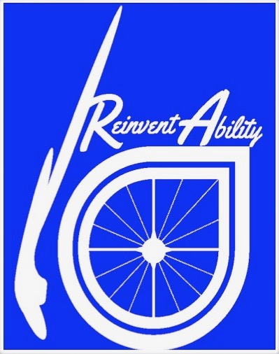 ReinventAbility logo with pointed foot and wheelchair spokes.