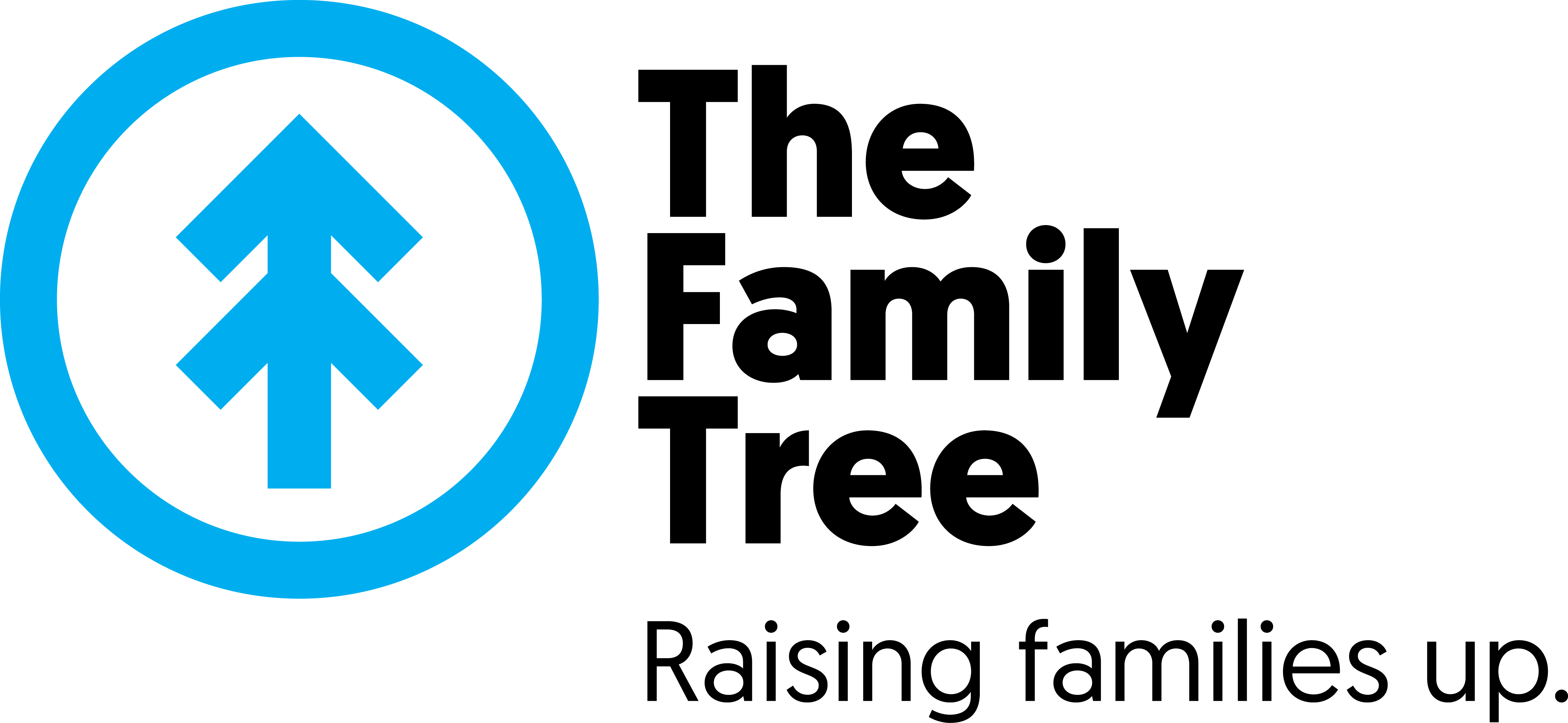 Blue circle with two blue arrows in center mimicking the shape of a tree, black lettering to right reads The Family Tree Raising Families Up