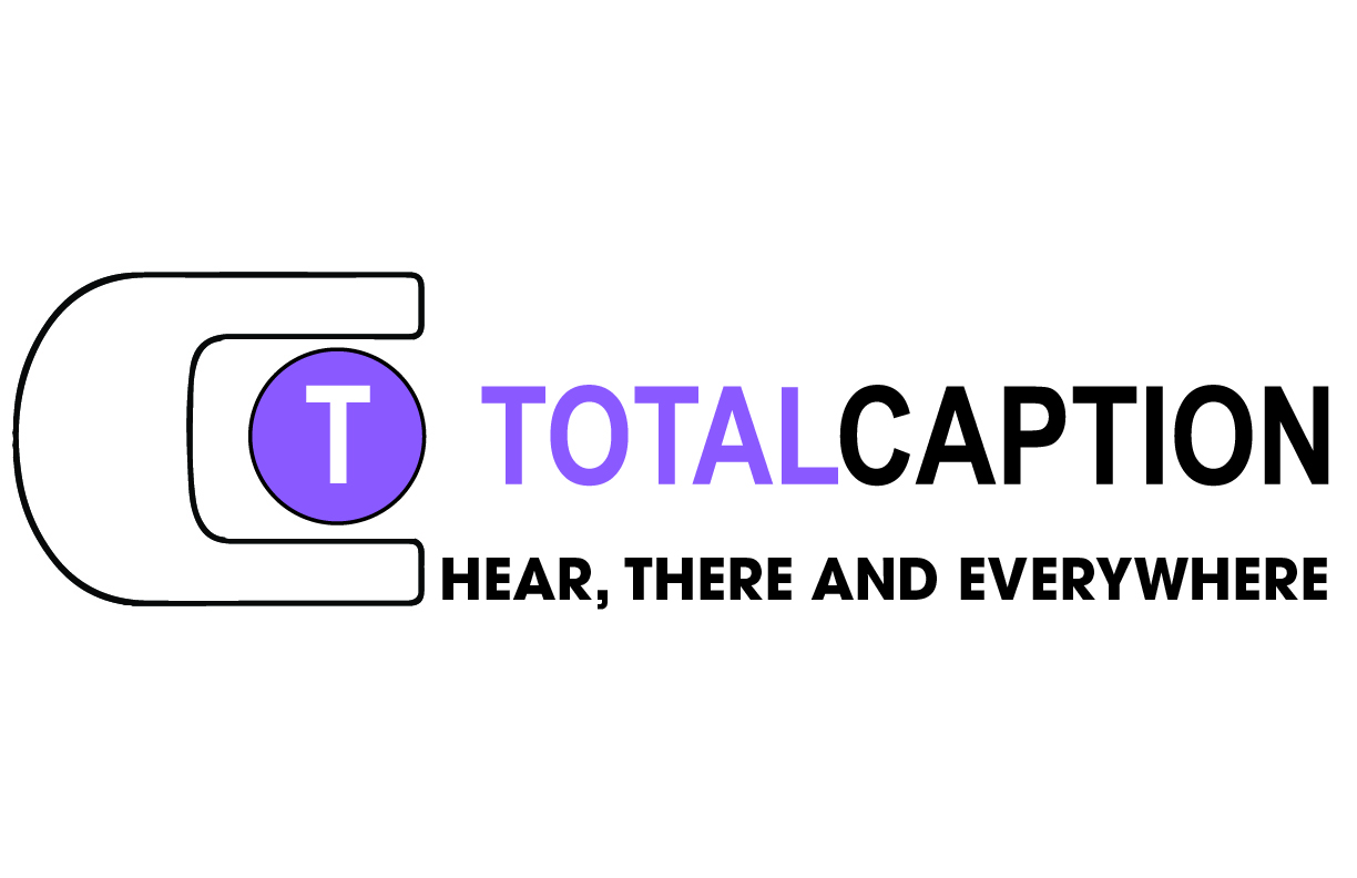 On the left is a white capital letter T in a purple circle, surrounded by a large capital C. To the right of that appears Total in purple capital letters, Caption in black upper case, under it says Hear, There and Everywhere