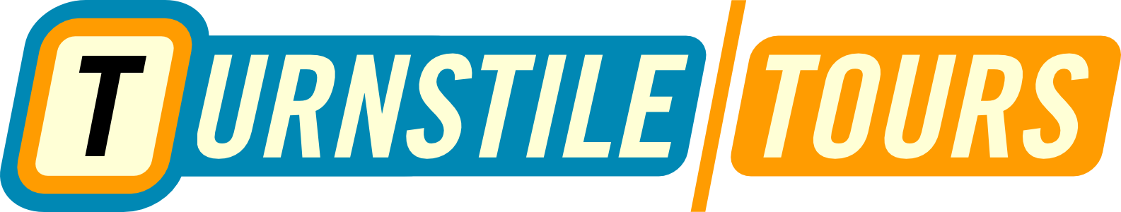 Turnstile Tours lettering in yellow and black with turquoise and orange backgrounds