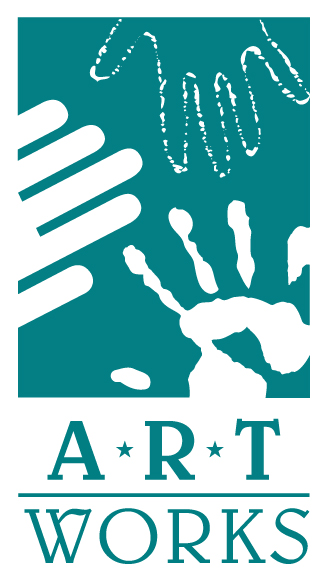 Three hand print facing each other on teal blue rectangle A*R*T WORKS