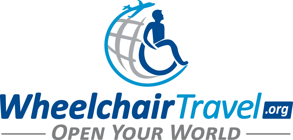 Logo, man in wheelchair over outlinne of earth, with text WheelchairTravel.org, Open your world.