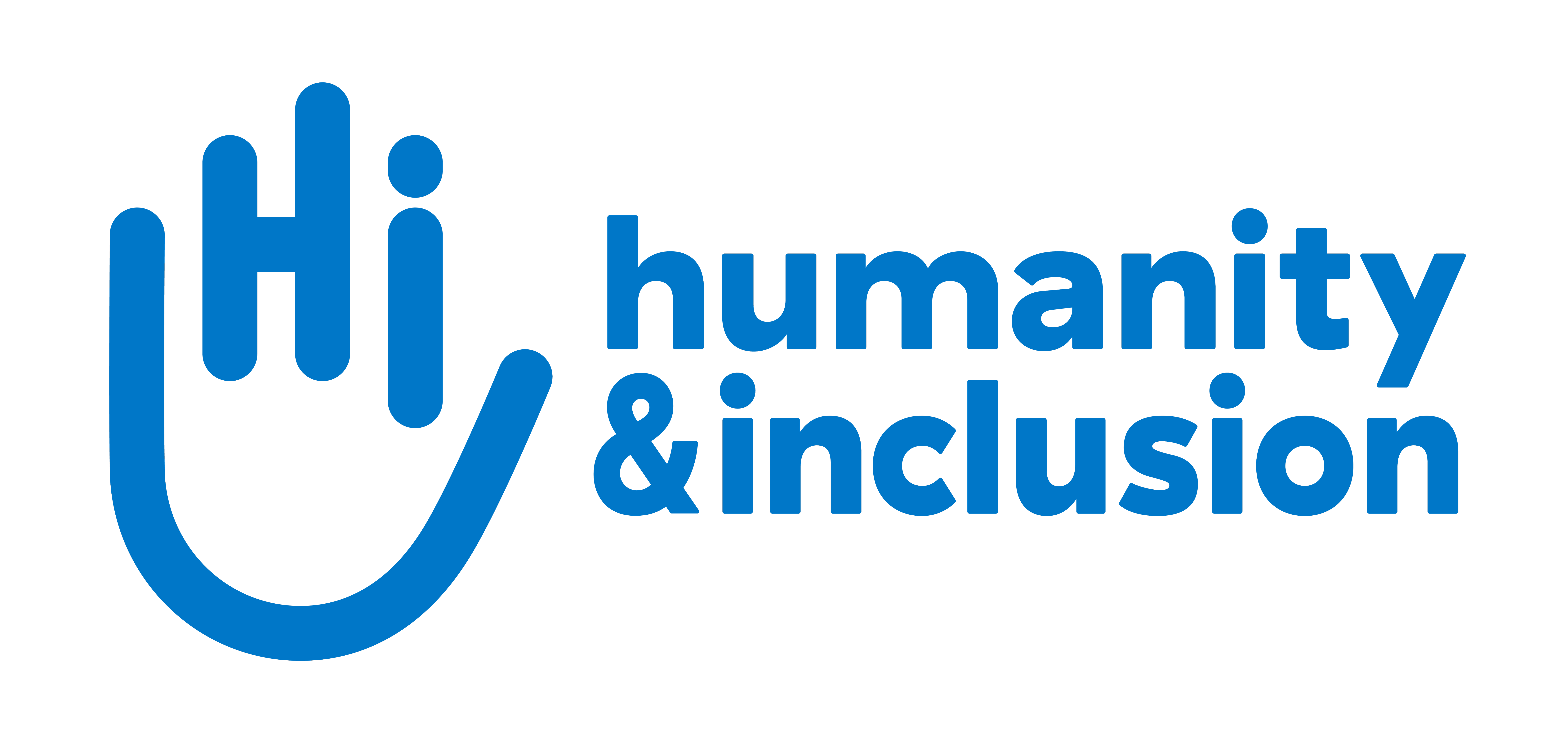The Humanity & Inclusion logo contains a dark blue hand. It is meant to symbolize transcending language and culture. Next to the hand are the words “humanity and inclusion.”