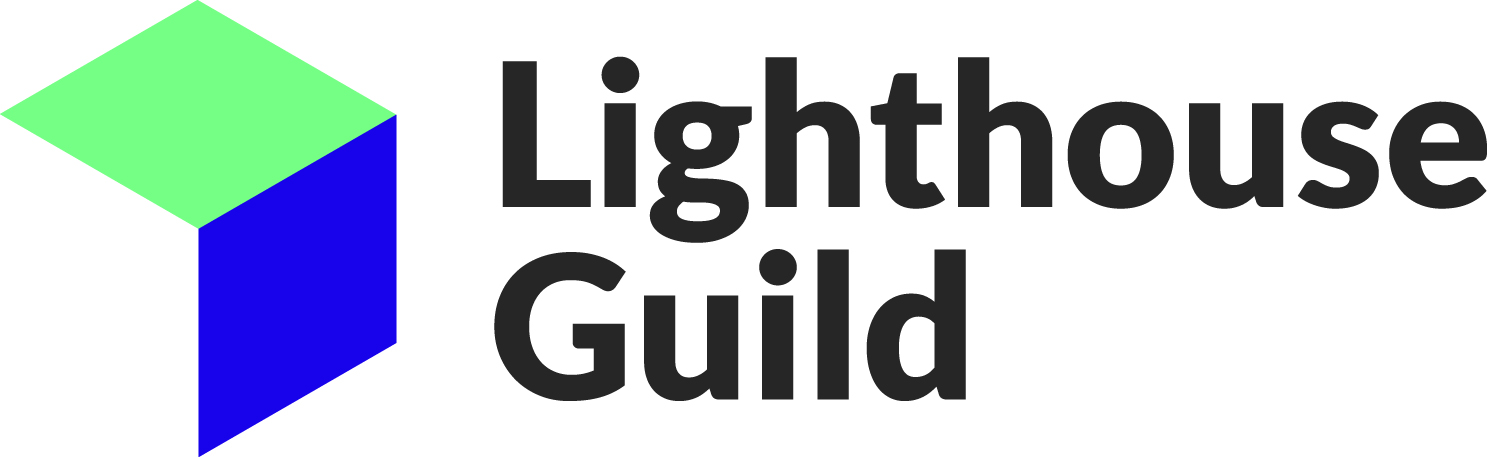 Puple and green cube next to the words Lighthouse Guild