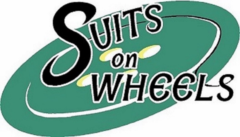 Teal green and maize oval button with black "Suits on Wheels"